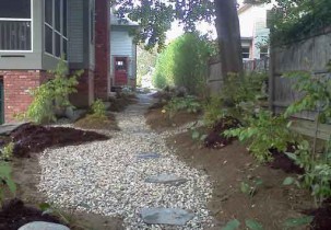 The rain garden stepping stone path, planted and ready for mulch